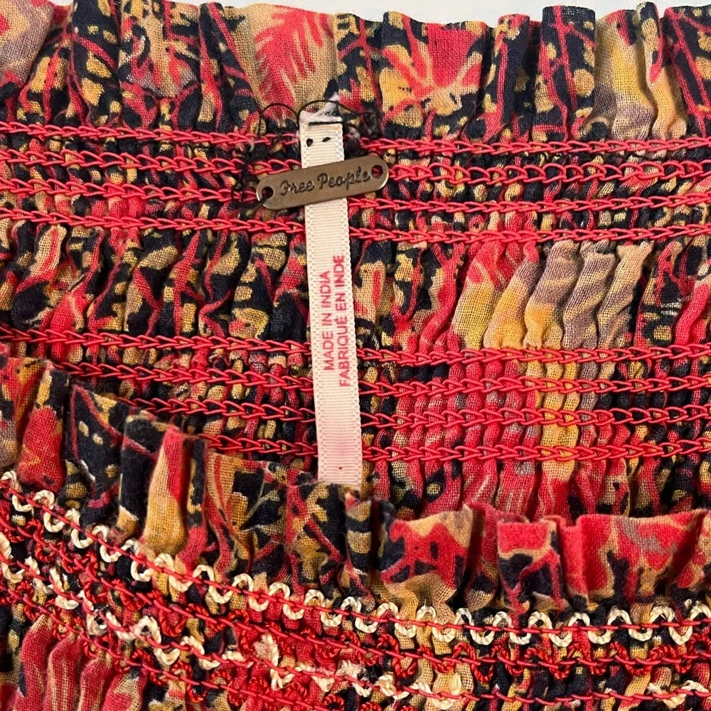 FREE PEOPLE Red Floral Getaway Maxi Dress Smocked Tiered Boho Peasant XS - Picture 6 of 9